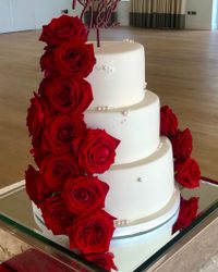 3 Tier Fondant with Red Rose Cascade and Sugar Pearls