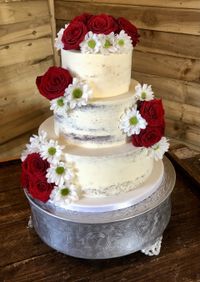 Three Tier Semi Naked with Deep Red Roses and White Chyrsanthemums